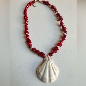 Handmade red coral beads, freshwater pearls and scallop necklace